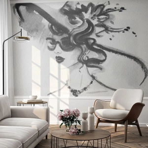 Fotomural Standard Eco - Una dama con carácter - mujer con sombrero, cara de mujer, En blanco y negro - 350x256 cm