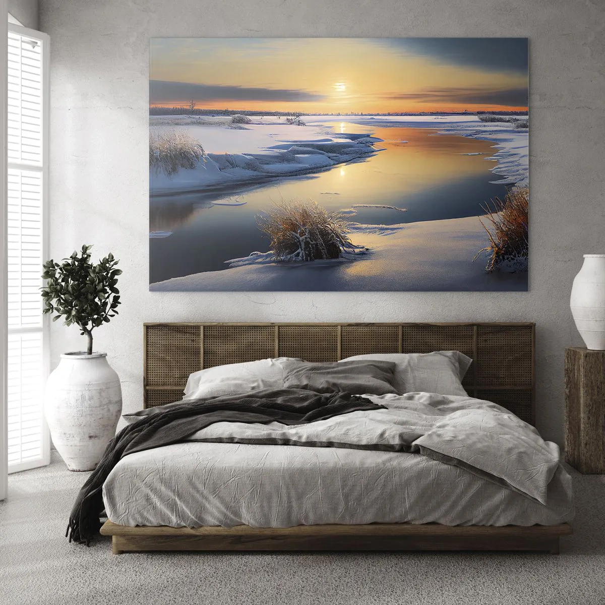Cuadro sobre vidrio - Impresiones sobre Vidrio - Paisaje invernal con puesta de sol sobre un río helado - 70x50cm - Atardecer de invierno - Decoración de pared moderna para salón y dormitorio ARTTOR