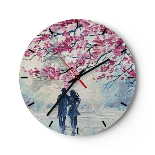 Reloj de pared - Reloj de vidrio - Una imagen romántica de una pareja bajo árboles rosados en flor. - 30x30cm - Un paseo romántico - Decoración de pared moderna para salón, cocina y dormitorio ARTTOR