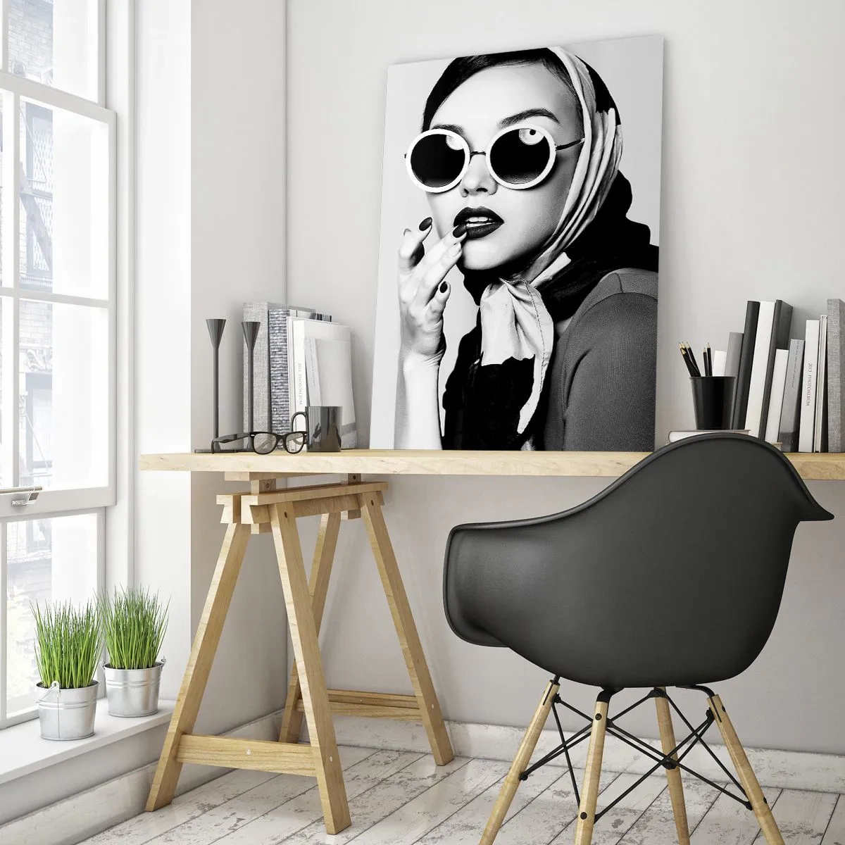 Cuadro sobre vidrio - Impresiones sobre Vidrio - Mujer elegante con gafas y una bufanda blanca y negra. - 50x70cm - Saludos desde los años 60 - Decoración de pared moderna para salón y dormitorio ARTTOR