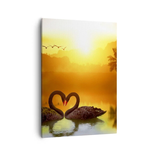 Cuadro sobre lienzo - Impresión de Imagen - Dos cisnes negros formando un corazón con el telón de fondo de un atardecer en el lago. - 50x70cm - Todo a juego - Decoración de pared moderna para salón y dormitorio ARTTOR