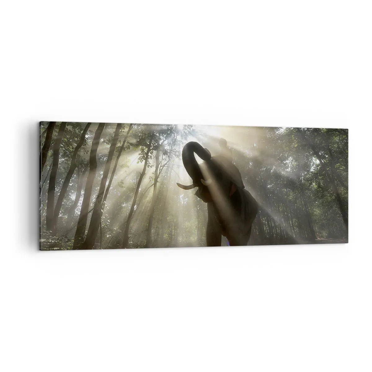 Cuadro sobre lienzo - Impresión de Imagen - Un elefante en el bosque rodeado de rayos de luz en la niebla de la mañana. - 140x50cm - Bajo una estrella de la suerte - Decoración de pared moderna para salón y dormitorio ARTTOR
