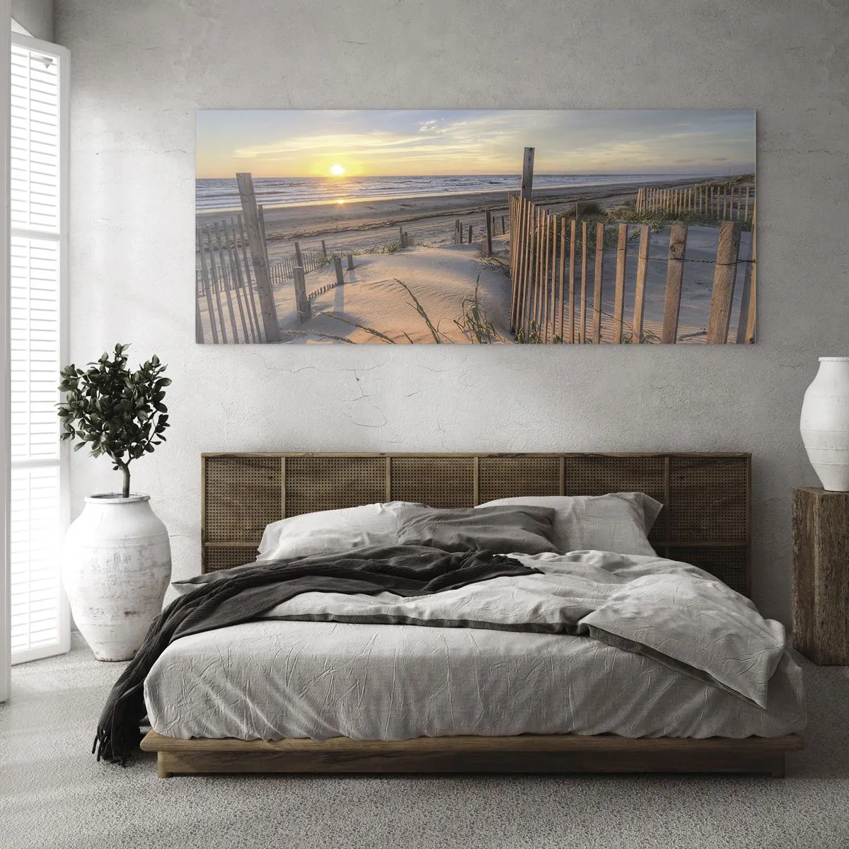 Cuadro sobre vidrio - Impresiones sobre Vidrio - Playa al atardecer con valla de madera - 140x50cm - El resplandor y la sombra del viento - Decoración de pared moderna para salón y dormitorio ARTTOR