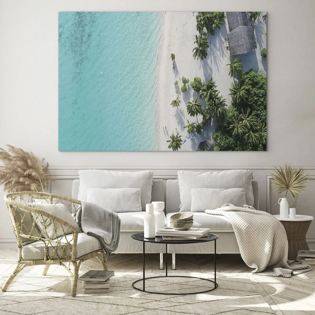 Cuadro sobre vidrio - Impresiones sobre Vidrio - Una vista de pájaro de una playa tropical con palmeras y un mar turquesa. - 70x50cm - Vacaciones en el paraíso - Decoración de pared moderna para salón y dormitorio ARTTOR
