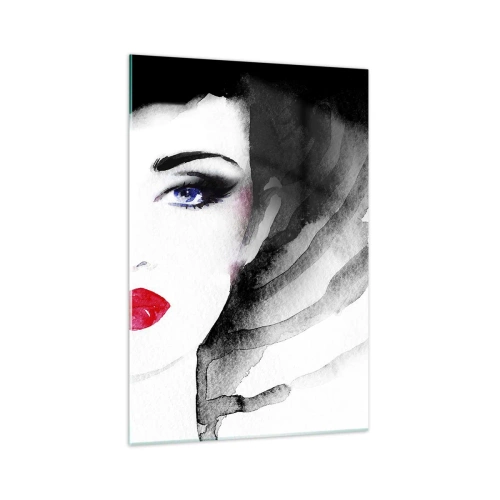 Cuadro sobre vidrio - Impresiones sobre Vidrio - Retrato de una mujer con labios rojos y ojos azules intensos. - 70x100cm - Lenguaje no verbal - Decoración de pared moderna para salón y dormitorio ARTTOR