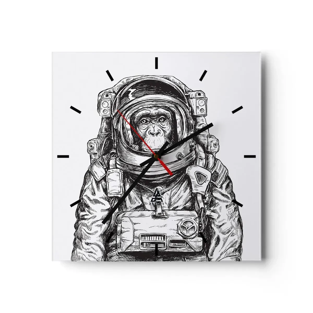 Reloj de pared - Reloj de vidrio - Gráfico de un astronauta en un traje espacial con cabeza de mono. - 30x30cm - Evolución alternativa - Decoración de pared moderna para salón y dormitorio ARTTOR