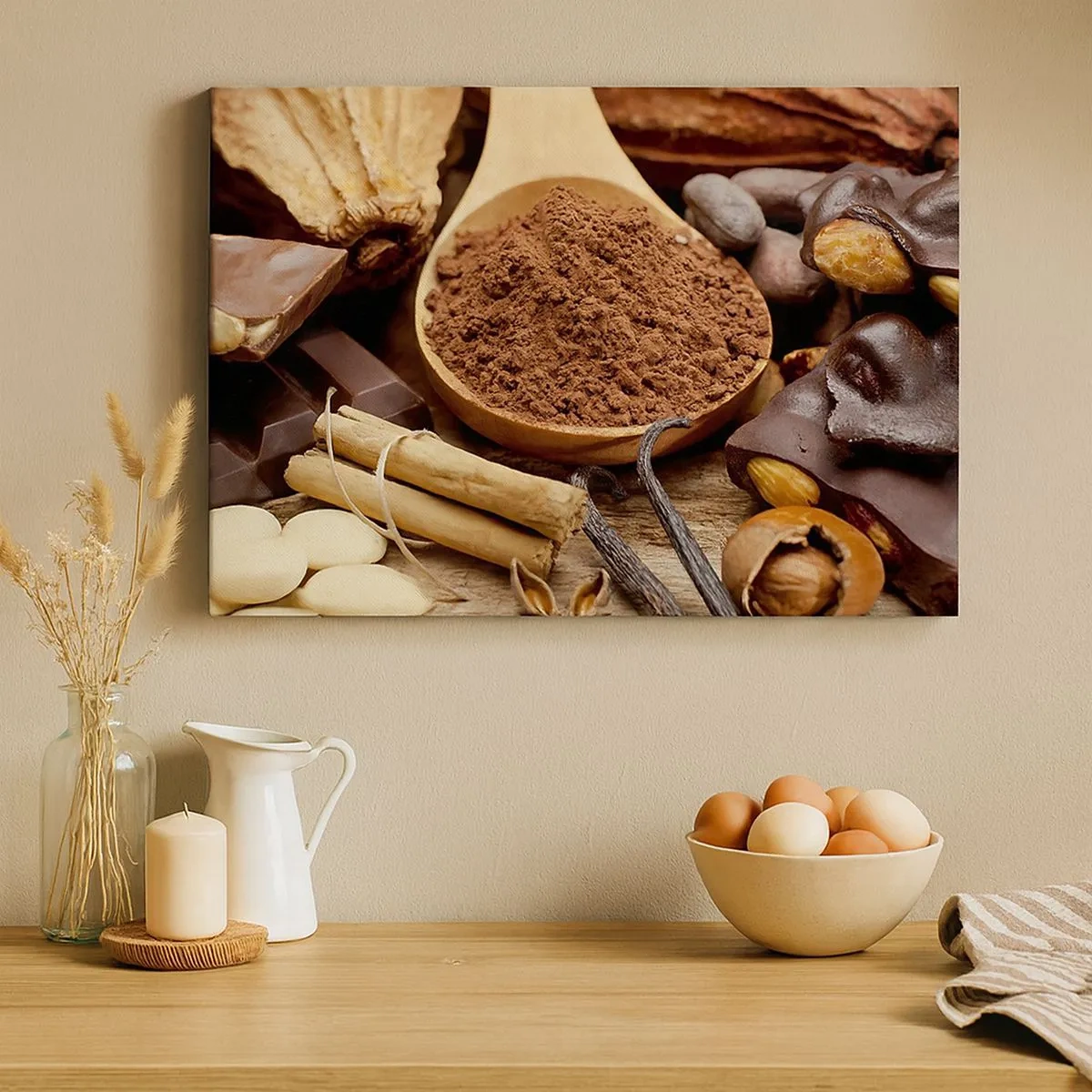 Cuadro sobre lienzo - Impresión de Imagen - Una cucharada de ingredientes de cacao y chocolate en un arreglo rústico. - 70x50cm - Lo mejor para las penas - Decoración de pared moderna para salón y dormitorio ARTTOR