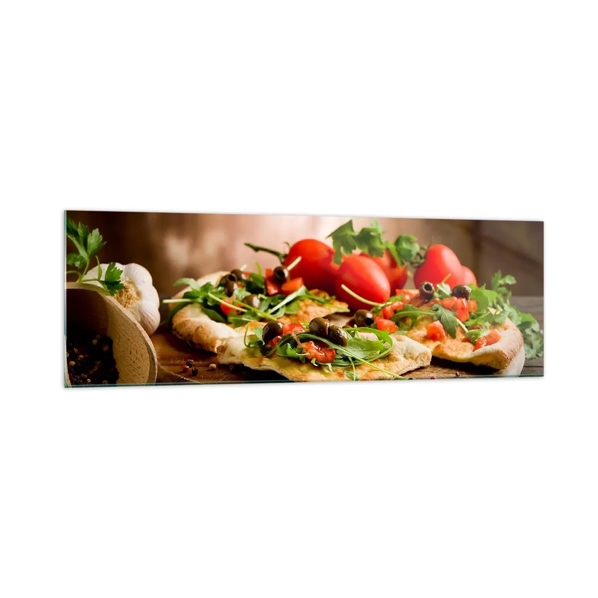 Cuadro sobre vidrio - Impresiones sobre Vidrio - Pizza con verduras sobre tabla de madera en estilo rústico - 160x50cm - Directamente del horno y del jardín - Decoración de pared moderna para salón y dormitorio ARTTOR