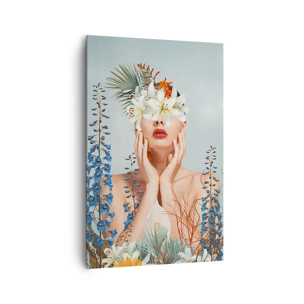Cuadro sobre lienzo - Impresión de Imagen - Retrato de una mujer con un motivo floral sobre un fondo azul. - 80x120cm - Mujer-flor - Decoración de pared moderna para salón y dormitorio ARTTOR