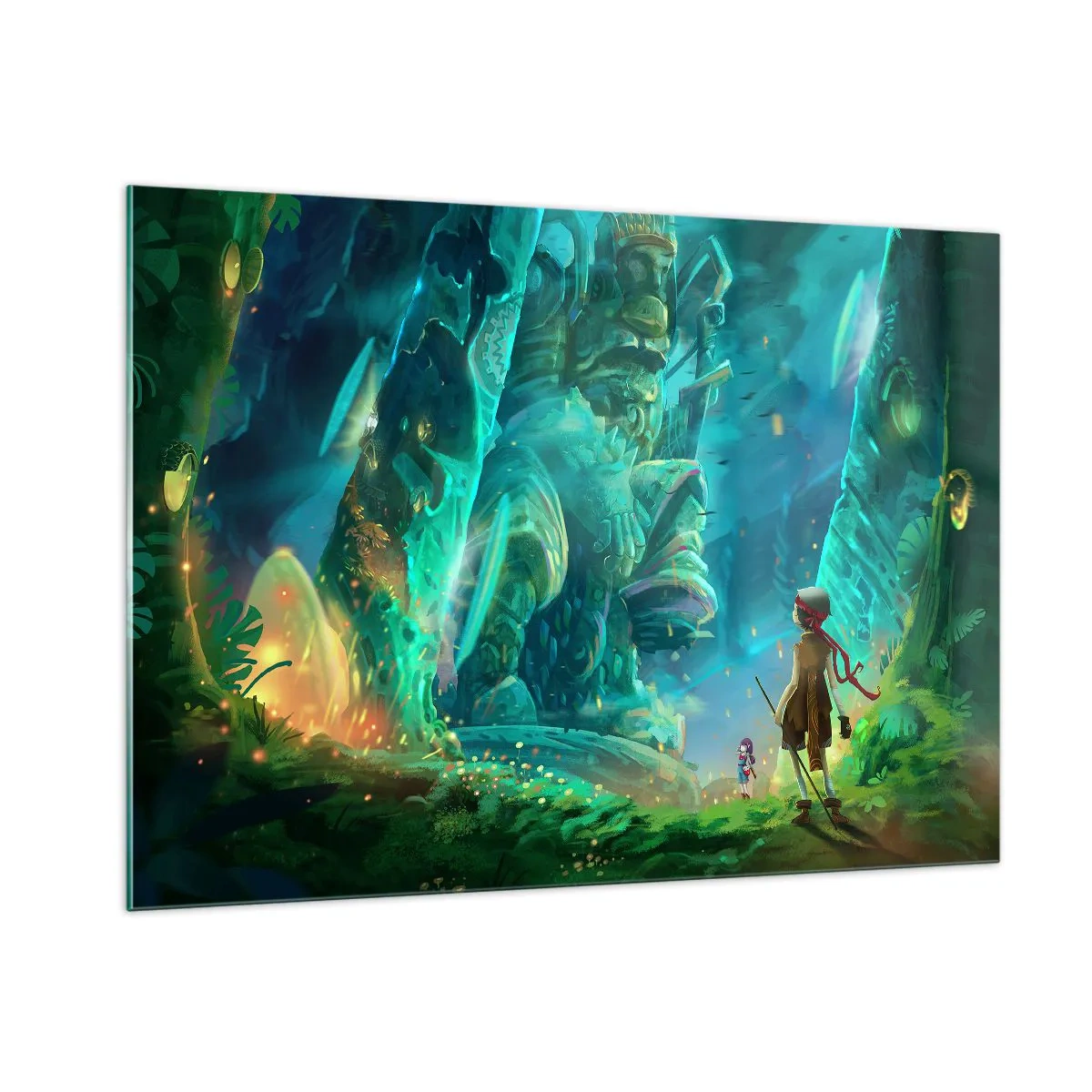Cuadro sobre vidrio - Impresiones sobre Vidrio - Paisaje de fantasía con una figura y una estatua antigua en el bosque. - 100x70cm - Del gran libro de los cuentos de hadas - Decoración de pared moderna para salón y dormitorio ARTTOR