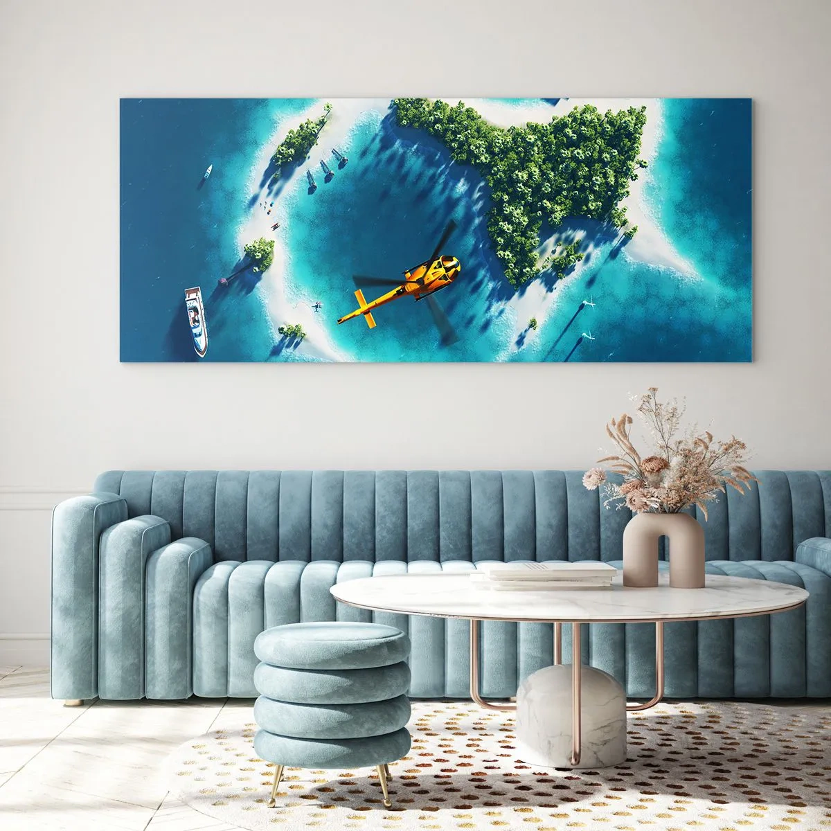 Cuadro sobre vidrio - Impresiones sobre Vidrio - Una isla tropical rodeada de agua turquesa con un helicóptero a la vista. - 120x50cm - Cómprate una isla - Decoración de pared moderna para salón y dormitorio ARTTOR