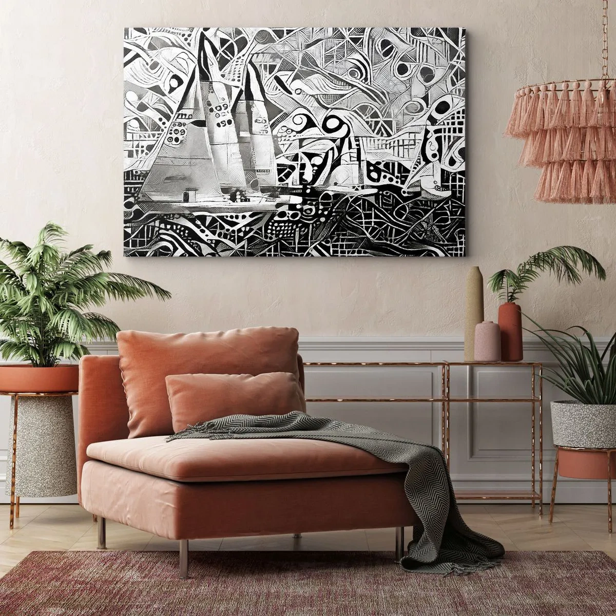 Cuadro sobre lienzo - Impresión de Imagen - Veleros abstractos en una composición monocromática - 70x50cm - Entre las olas - Decoración de pared moderna para salón y dormitorio ARTTOR