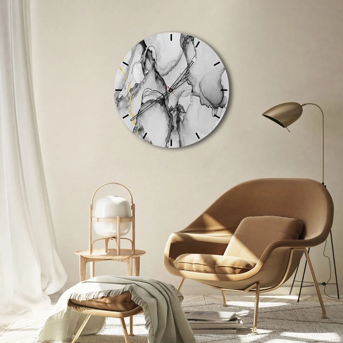 Reloj de pared - Reloj de vidrio - Una composición abstracta en tonos grises con un toque dorado. - 30x30cm - Composición con motivo de oro - Decoración de pared moderna para salón, cocina y dormitorio ARTTOR