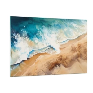 Cuadro sobre vidrio - Impresiones sobre Vidrio - Una vista de pájaro de una ola de mar azul rompiendo contra una orilla arenosa. - 120x80cm - Olas recurrentes - Decoración de pared moderna para salón y dormitorio ARTTOR