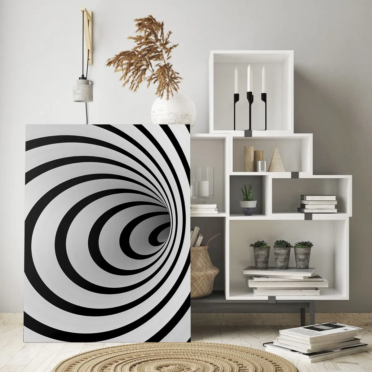 Cuadro sobre vidrio - Impresiones sobre Vidrio - Patrón espiral abstracto en blanco y negro - 50x70cm - ¿Tampoco puedes resistirte? - Decoración de pared moderna para salón y dormitorio ARTTOR