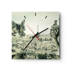 Reloj de pared - Reloj de vidrio - Gárgolas con vistas al horizonte de París y a la Torre Eiffel - 30x30cm - Charlas parisinas - Decoración de pared moderna para salón y dormitorio ARTTOR
