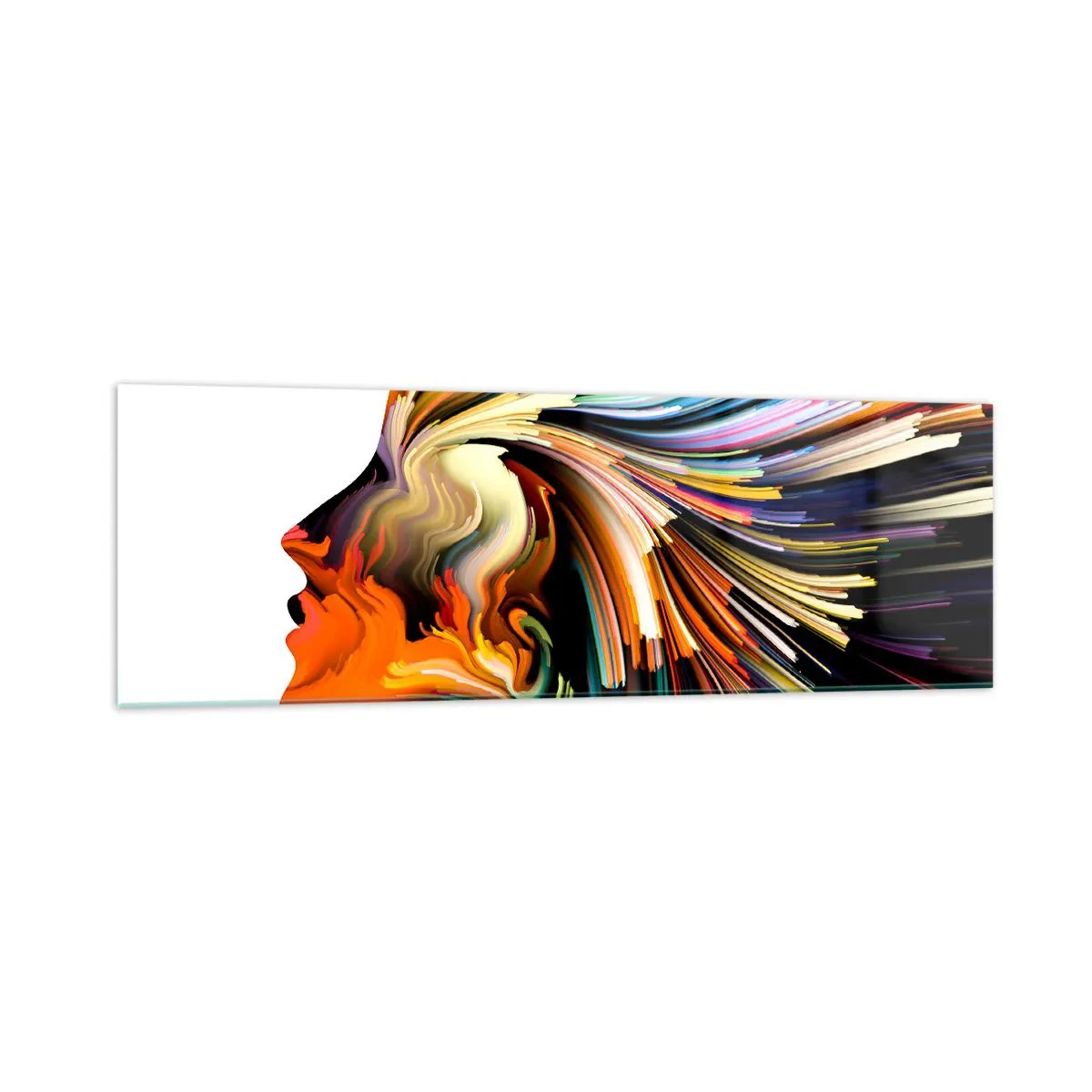 Cuadro sobre vidrio - Impresiones sobre Vidrio - Perfil de rostro abstracto con líneas dinámicas coloridas. - 160x50cm - La explosión de la imaginación - Decoración de pared moderna para salón y dormitorio ARTTOR