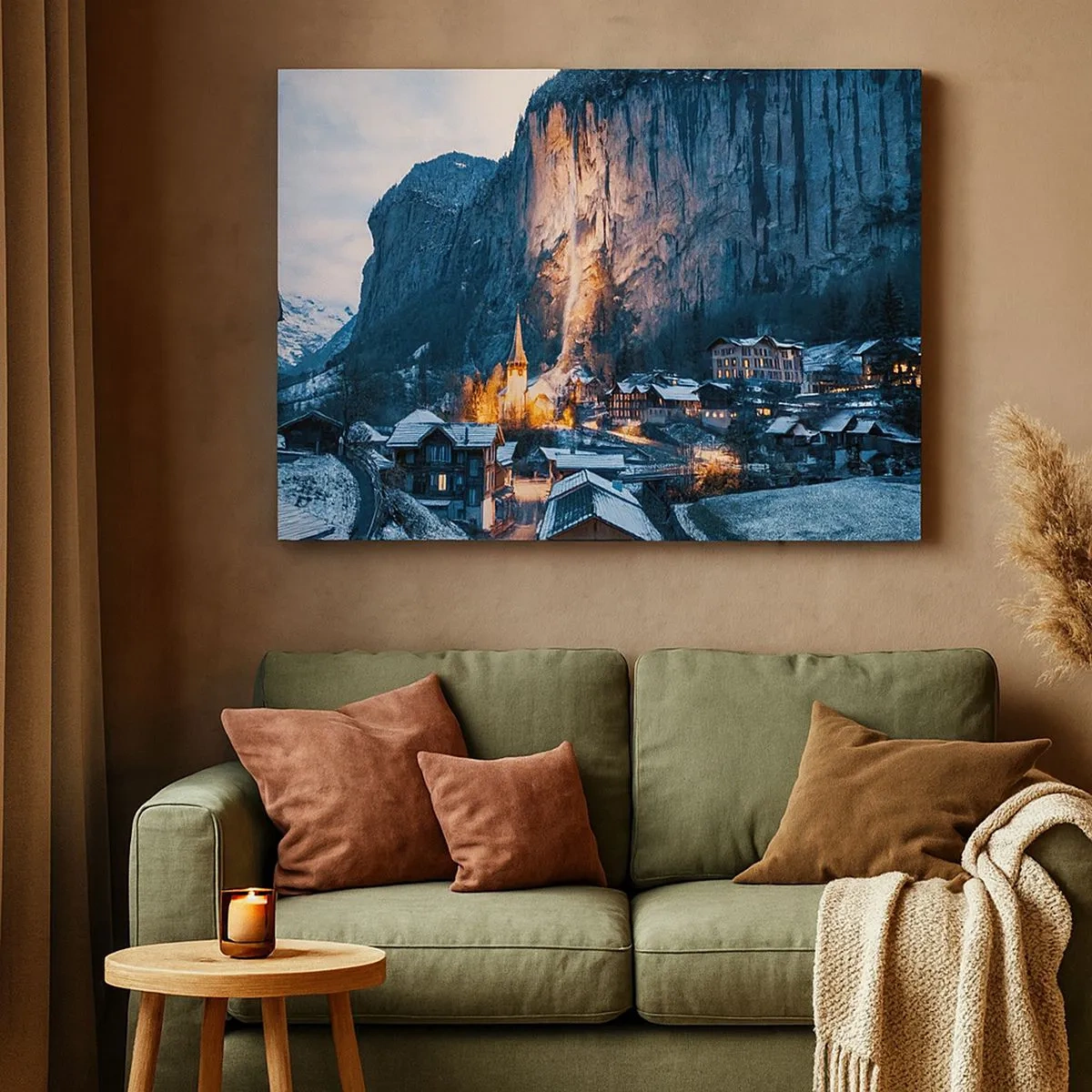 Cuadro sobre lienzo - Impresión de Imagen - Un pintoresco pueblo invernal rodeado de montañas. - 70x50cm - El espíritu luminoso del invierno - Decoración de pared moderna para salón y dormitorio ARTTOR