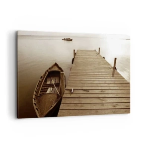 Cuadro sobre lienzo - Impresión de Imagen - Muelle de madera y barco en un lago tranquilo - 100x70cm - La auténtica paz - Decoración de pared moderna para salón y dormitorio ARTTOR