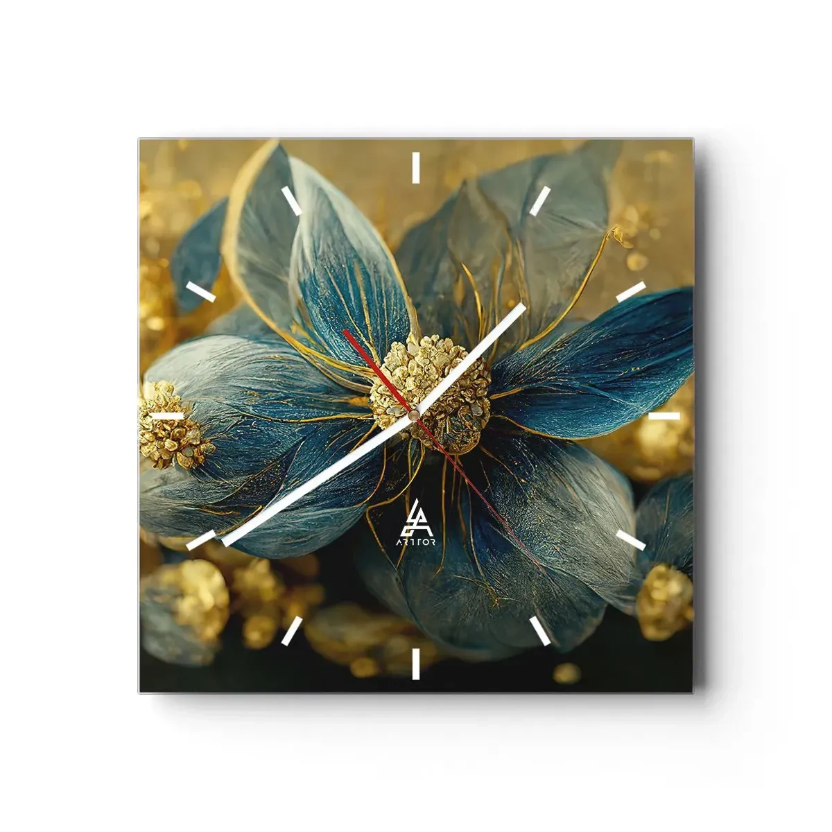 Reloj de pared - Reloj de vidrio - Elegantes flores en tonos azules y dorados. - 30x30cm - Flor de oro - Decoración de pared moderna para salón y dormitorio ARTTOR
