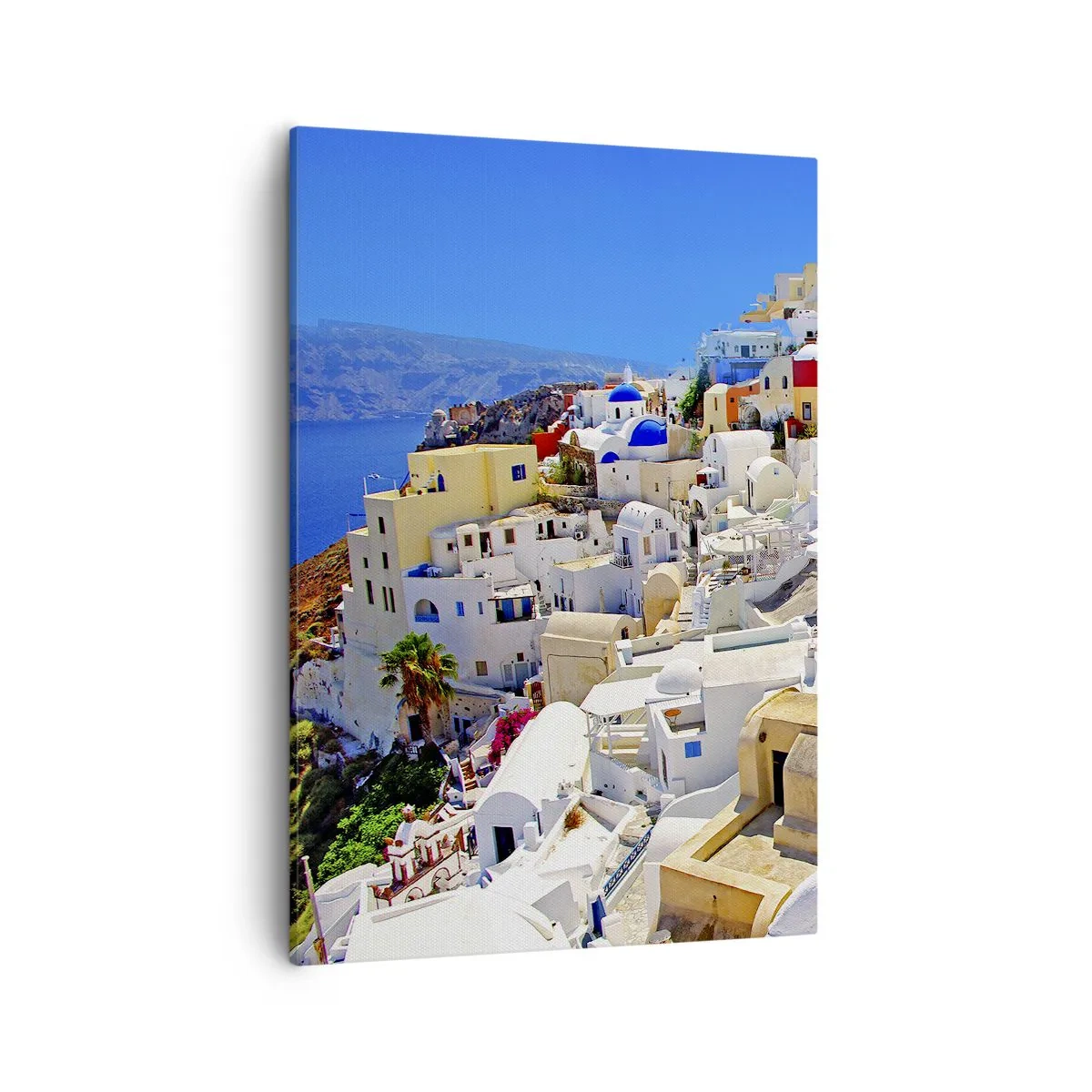 Cuadro sobre lienzo - Impresión de Imagen - Panorama de Santorini con casas blancas y cielo azul - 50x70cm - Sueño de un verano griego - Decoración de pared moderna para salón y dormitorio ARTTOR