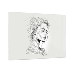 Cuadro sobre vidrio - Impresiones sobre Vidrio - Un boceto en blanco y negro de una mujer con los ojos cerrados en una línea delicada. - 70x50cm - Retrato de ensueño - Decoración de pared moderna para salón y dormitorio ARTTOR