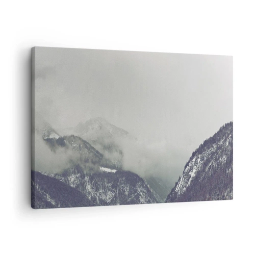 Cuadro sobre lienzo - Impresión de Imagen - Un valle de montaña envuelto en niebla en tonos grises. - 70x50cm - Valle de la niebla - Decoración de pared moderna para salón y dormitorio ARTTOR