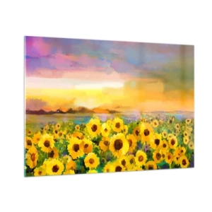 Cuadro sobre vidrio - Impresiones sobre Vidrio - Un campo de girasoles a la luz del sol poniente. - 100x70cm - El propio sol ha bajado a la Tierra - Decoración de pared moderna para salón y dormitorio ARTTOR