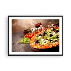Póster en marco negro - Pizza con aceitunas, albahaca e ingredientes frescos sobre un fondo de madera. - 70x50cm - De ingredientes puros - Decoración de pared moderna para salón y dormitorio ARTTOR