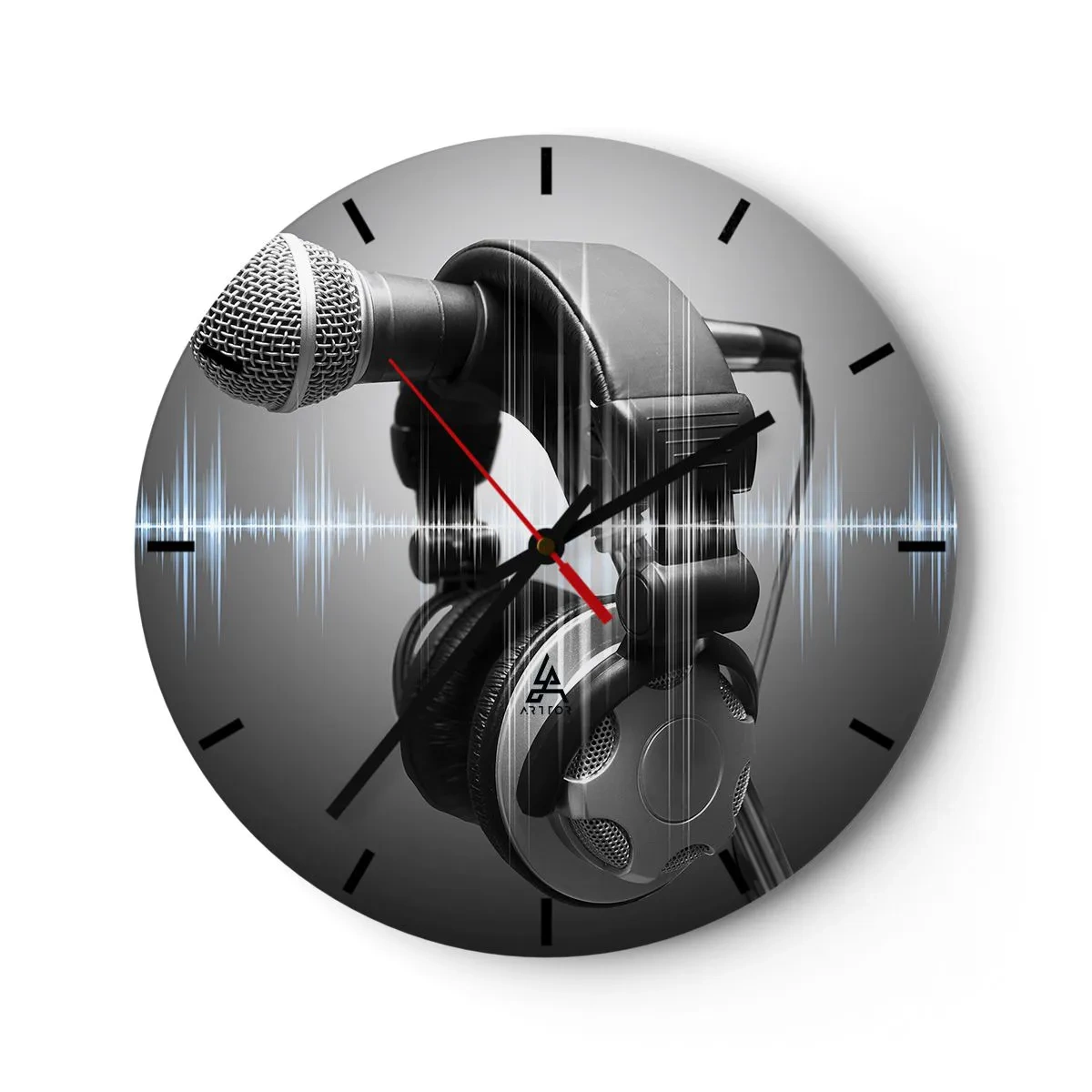 Reloj de pared - Reloj de vidrio - Micrófono y auriculares con ondas de sonido sobre fondo gris. - 30x30cm - Todavía se puede escuchar el canto - Decoración de pared moderna para salón, cocina y dormitorio ARTTOR