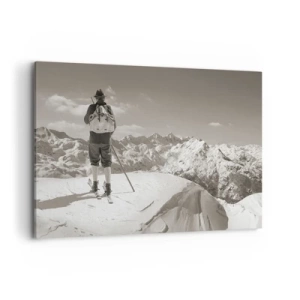 Cuadro sobre lienzo - Impresión de Imagen - Un esquiador en la cima de una montaña en blanco y negro. - 120x80cm - El techo del mundo - Decoración de pared moderna para salón y dormitorio ARTTOR
