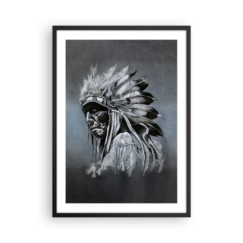 Póster en marco negro - Retrato de un jefe indio con un tocado de plumas sobre un fondo gris - 50x70cm - Regreso a las raíces - Decoración de pared moderna para salón y dormitorio ARTTOR