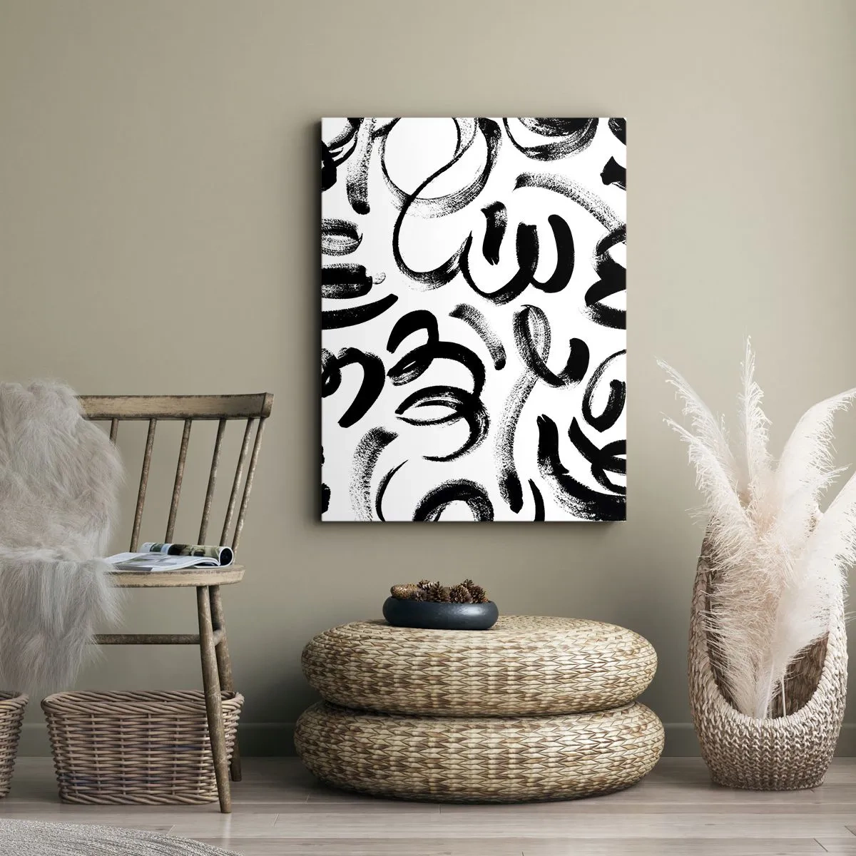 Cuadro sobre lienzo - Impresión de Imagen - Pinceladas abstractas negras sobre fondo blanco - 50x70cm - Negro sobre blanco - Decoración de pared moderna para salón y dormitorio ARTTOR