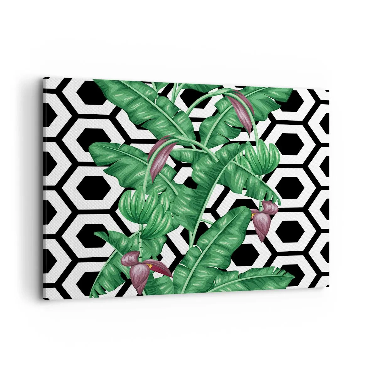 Cuadro sobre lienzo - Impresión de Imagen - Hojas tropicales sobre un fondo geométrico. - 120x80cm - Composición simétrica de la naturaleza - Decoración de pared moderna para salón y dormitorio ARTTOR