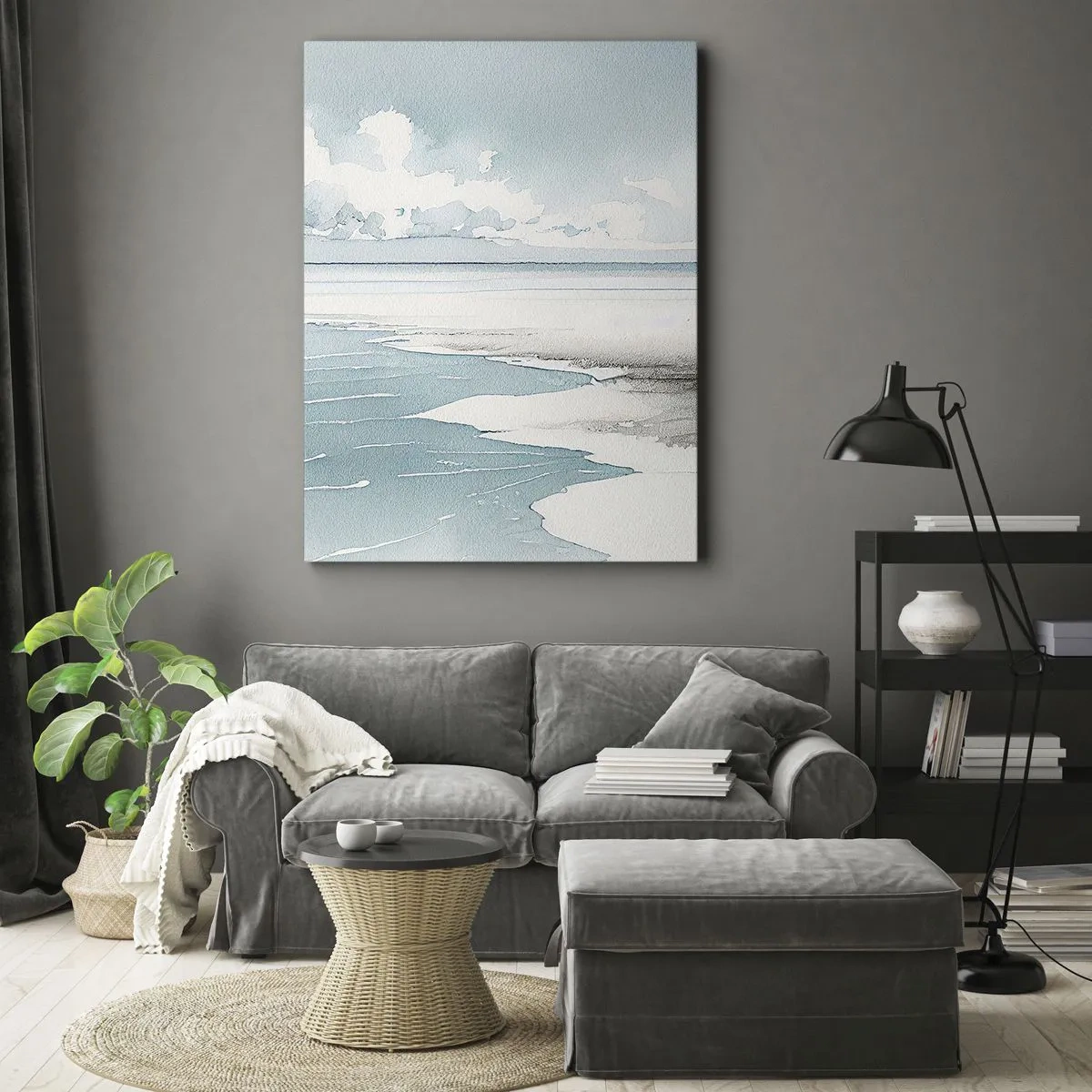 Cuadro sobre lienzo - Impresión de Imagen - Un mar tranquilo y una playa en tonos claros de azul. - 70x100cm - Suave marea otoñal - Decoración de pared moderna para salón y dormitorio ARTTOR