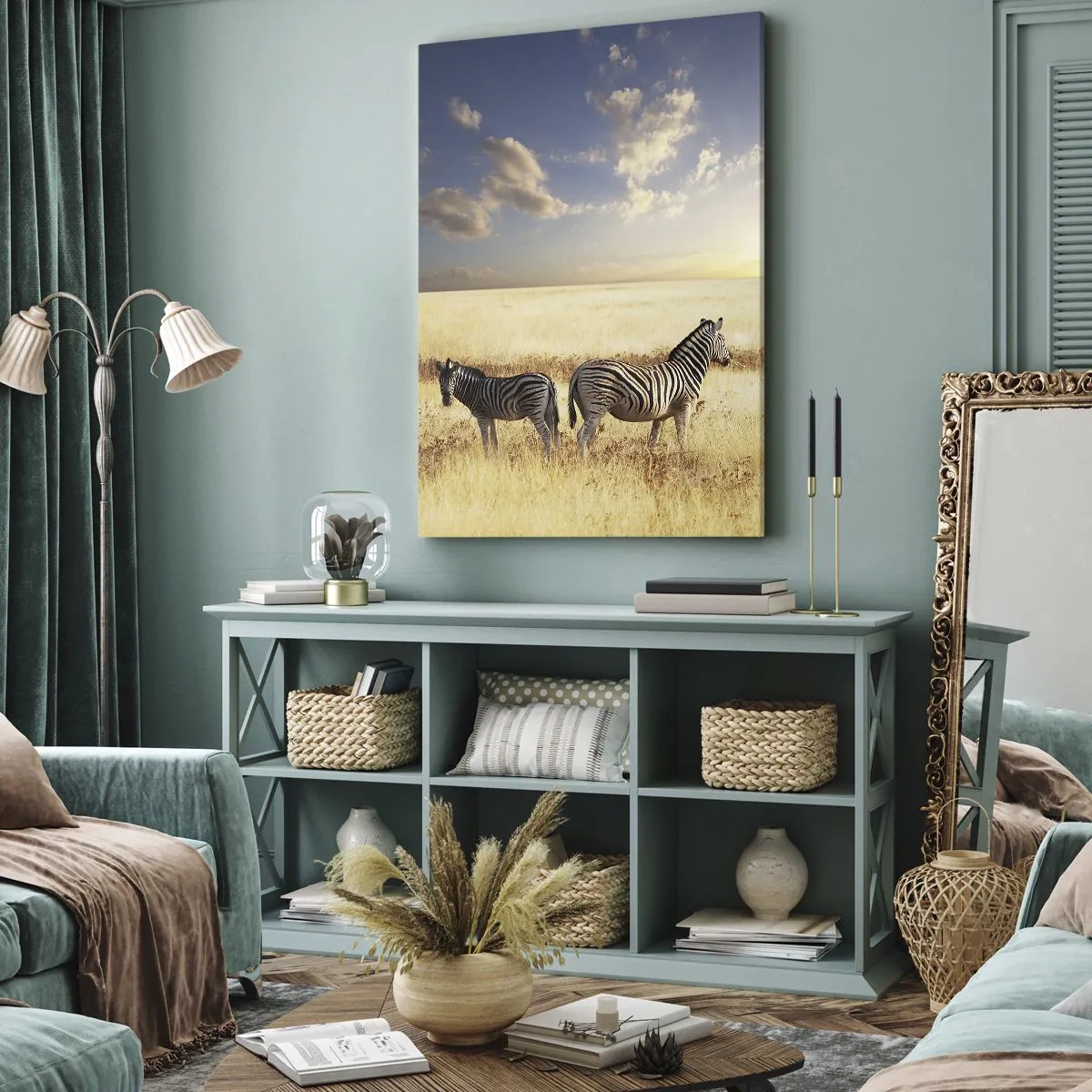 Cuadro sobre lienzo - Impresión de Imagen - Dos cebras en la sabana bajo los rayos del sol poniente. - 50x70cm - Vete, no perturbes la paz - Decoración de pared moderna para salón y dormitorio ARTTOR