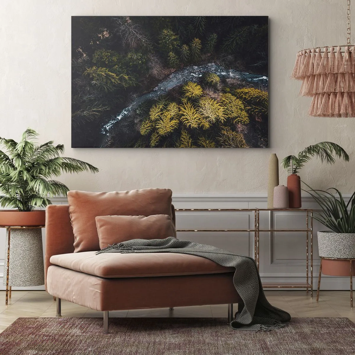 Cuadro sobre lienzo - Impresión de Imagen - Una vista desde arriba de un bosque con un río sinuoso. - 70x50cm - Rápido, cada vez más rápido - Decoración de pared moderna para salón y dormitorio ARTTOR