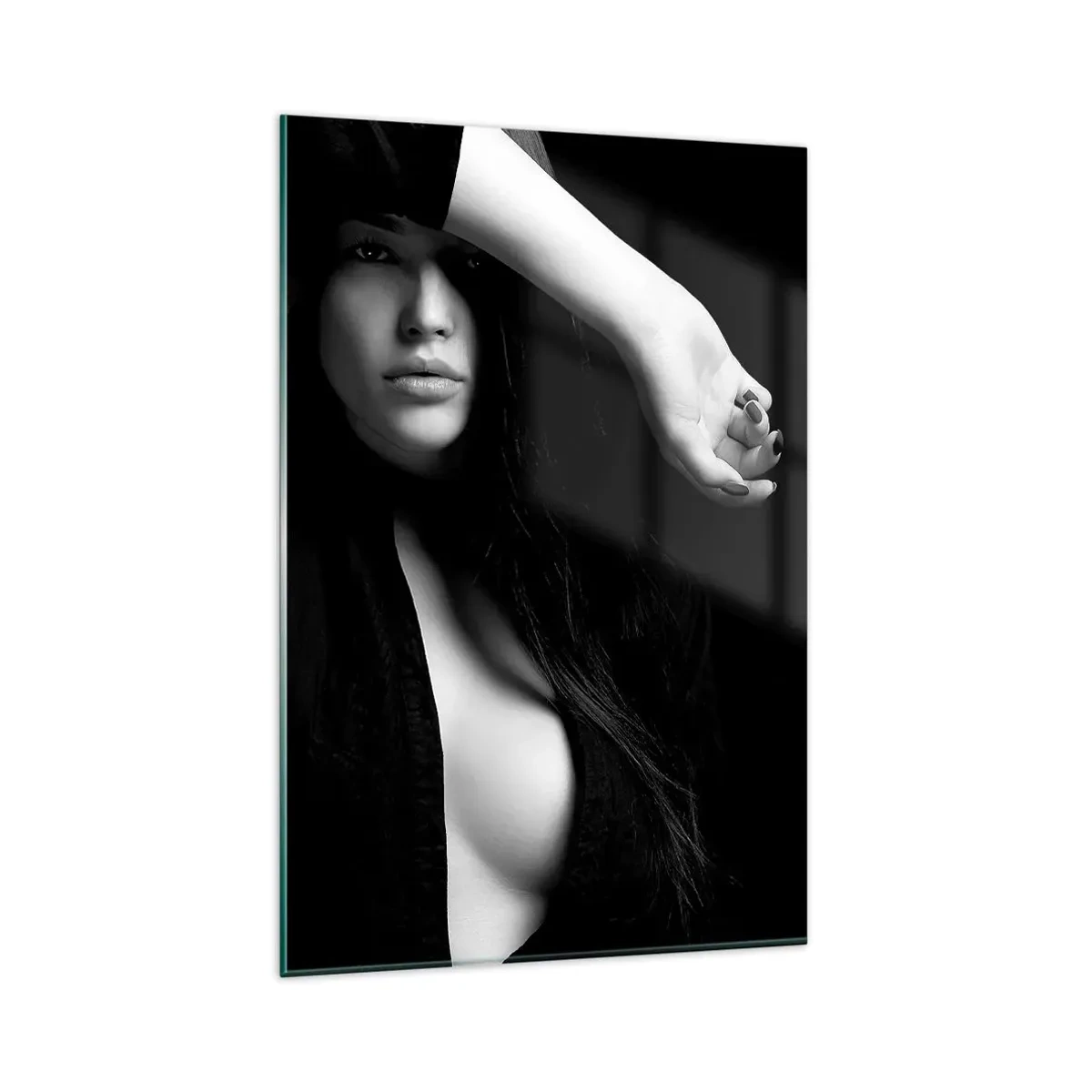 Cuadro sobre vidrio - Impresiones sobre Vidrio - Retrato elegante de una mujer en blanco y negro. - 80x120cm - Escuela de seducción - Decoración de pared moderna para salón y dormitorio ARTTOR