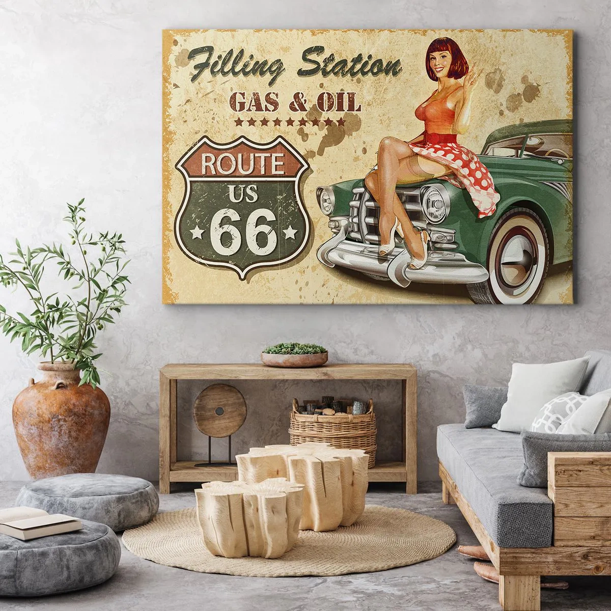 Cuadro sobre lienzo - Impresión de Imagen - Póster retro de la Ruta 66 con chica pin-up y coche. - 120x80cm - Los gloriosos años 40 - Decoración de pared moderna para salón y dormitorio ARTTOR
