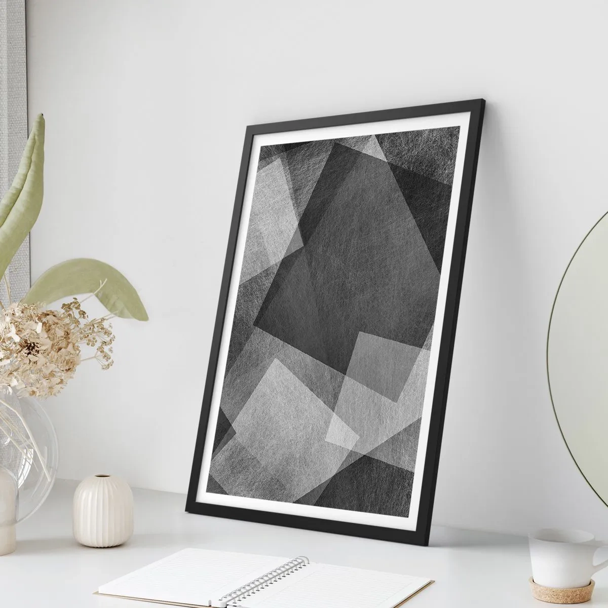 Póster en marco negro - Abstracción en blanco y negro con formas geométricas. - 50x70cm - Un símbolo eterno de permanencia y orden - Decoración de pared moderna para salón y dormitorio ARTTOR