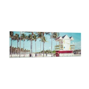 Cuadro sobre vidrio - Impresiones sobre Vidrio - Una playa con palmeras y una torre de salvavidas al fondo. - 160x50cm - Un hermoso día por delante - Decoración de pared moderna para salón y dormitorio ARTTOR