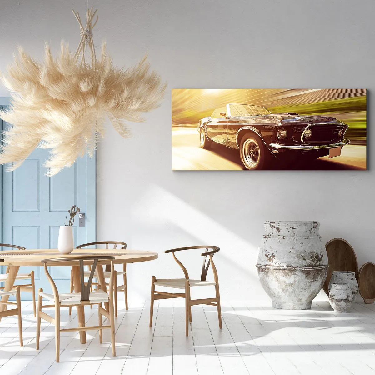 Cuadro sobre lienzo - Impresión de Imagen - Un coche clásico en movimiento con un telón de fondo urbano. - 120x50cm - 1967 - El retorno de una leyenda - Decoración de pared moderna para salón y dormitorio ARTTOR