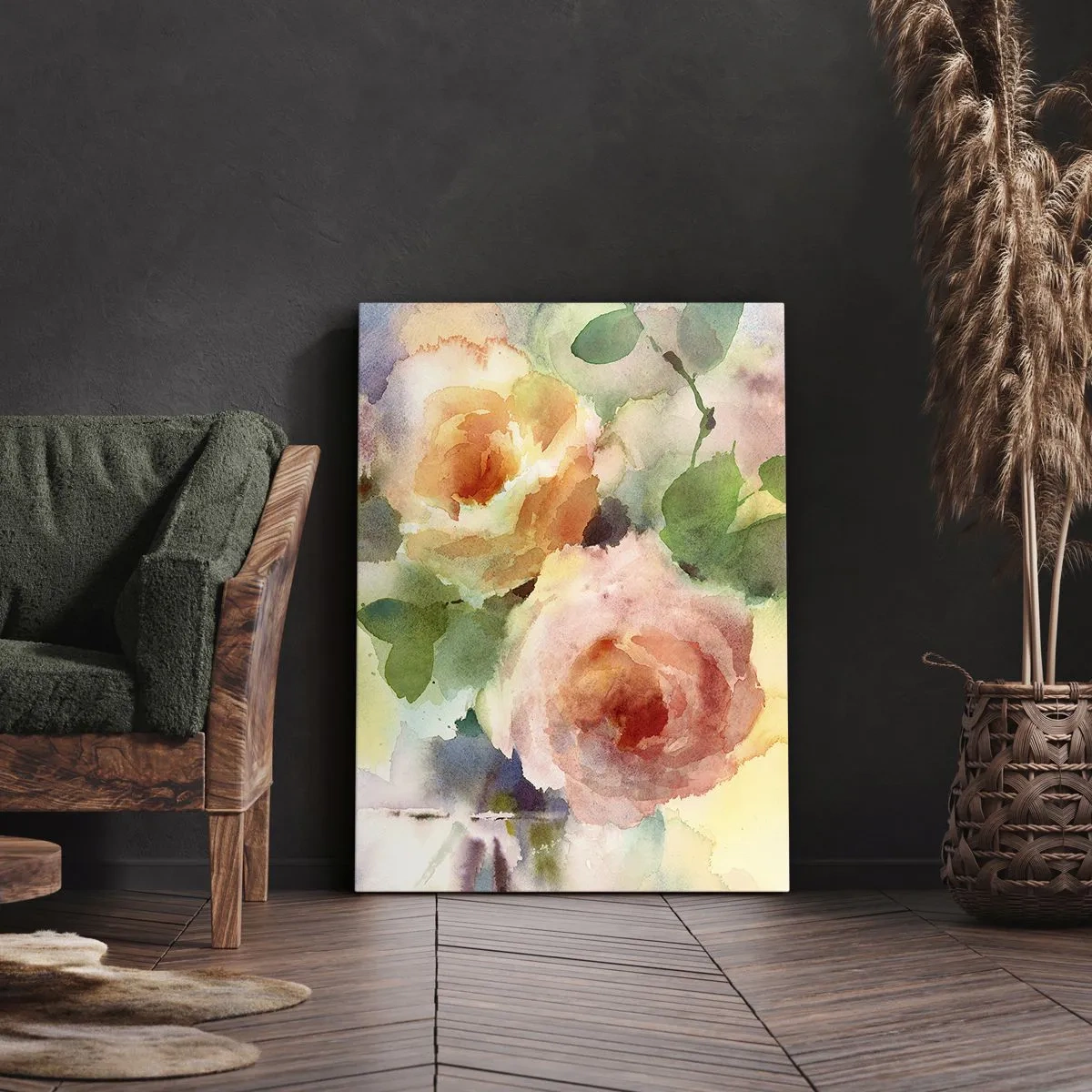 Cuadro sobre lienzo - Impresión de Imagen - Delicadas rosas estilo acuarela sobre un fondo claro. - 50x70cm - Delicado como una acuarela - Decoración de pared moderna para salón y dormitorio ARTTOR