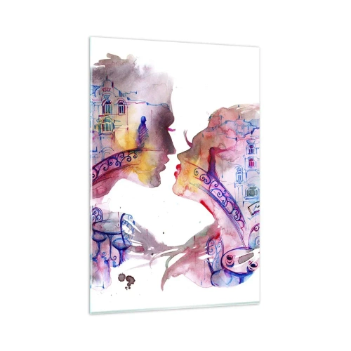 Cuadro sobre vidrio - Impresiones sobre Vidrio - Una acuarela romántica que representa las siluetas de los amantes. - 80x120cm - Un puente secreto de suspiros - Decoración de pared moderna para salón y dormitorio ARTTOR