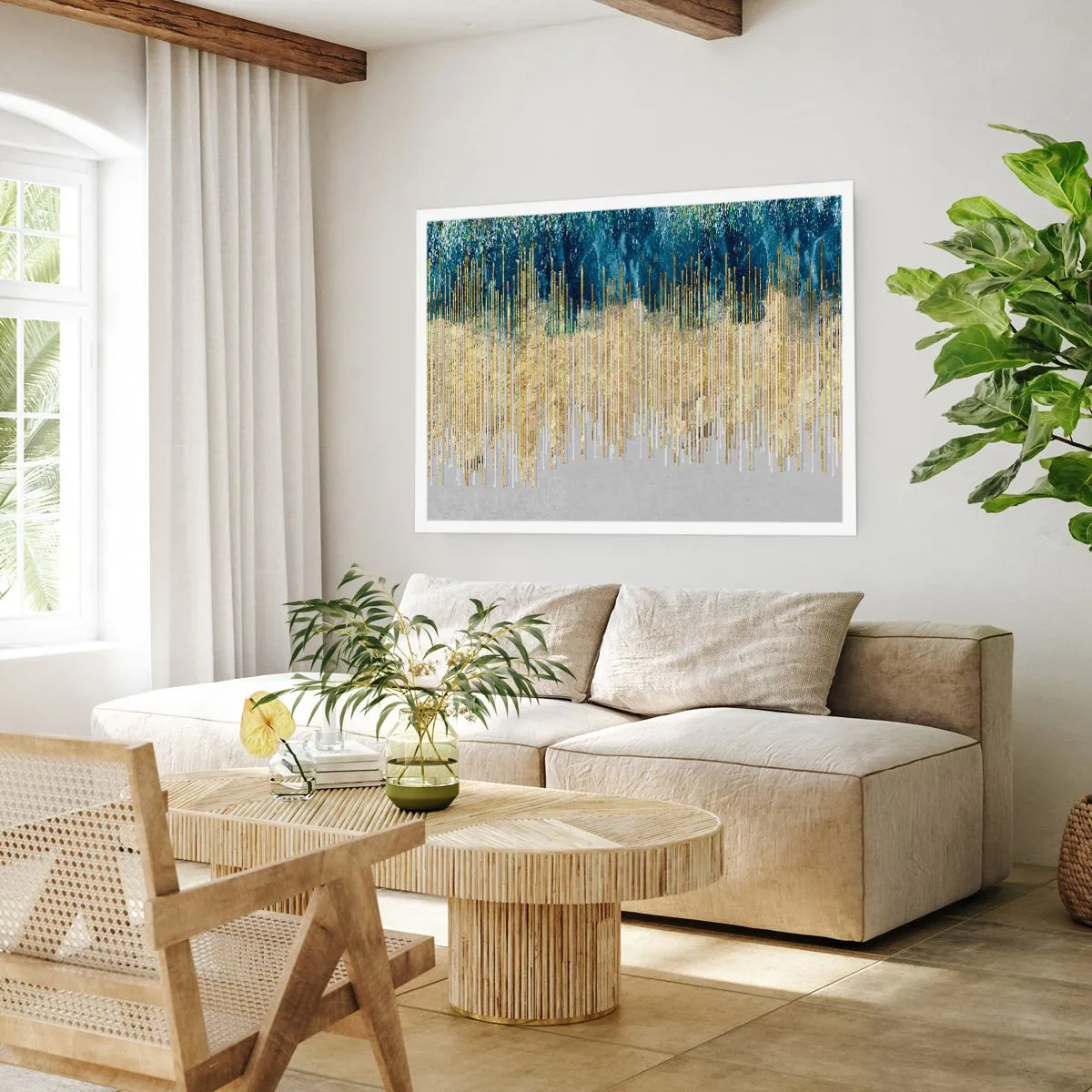 Póster - Líneas doradas sobre un fondo de abstracción azul marino y gris. - 100x70cm - Frontera de líneas doradas - Decoración de pared moderna para salón y dormitorio ARTTOR