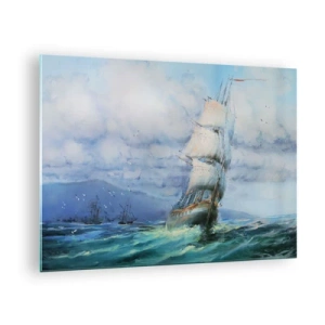 Cuadro sobre vidrio - Impresiones sobre Vidrio - Un barco con velas navegando en un mar tempestuoso bajo un cielo nublado. - 70x50cm - Viento en popa - Decoración de pared moderna para salón y dormitorio ARTTOR