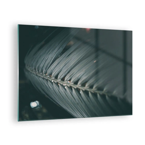 Cuadro sobre vidrio - Impresiones sobre Vidrio - Primer plano de una hoja de palma verde oscuro con reflejo de luz. - 70x50cm - La precisión de la naturaleza - Decoración de pared moderna para salón y dormitorio ARTTOR