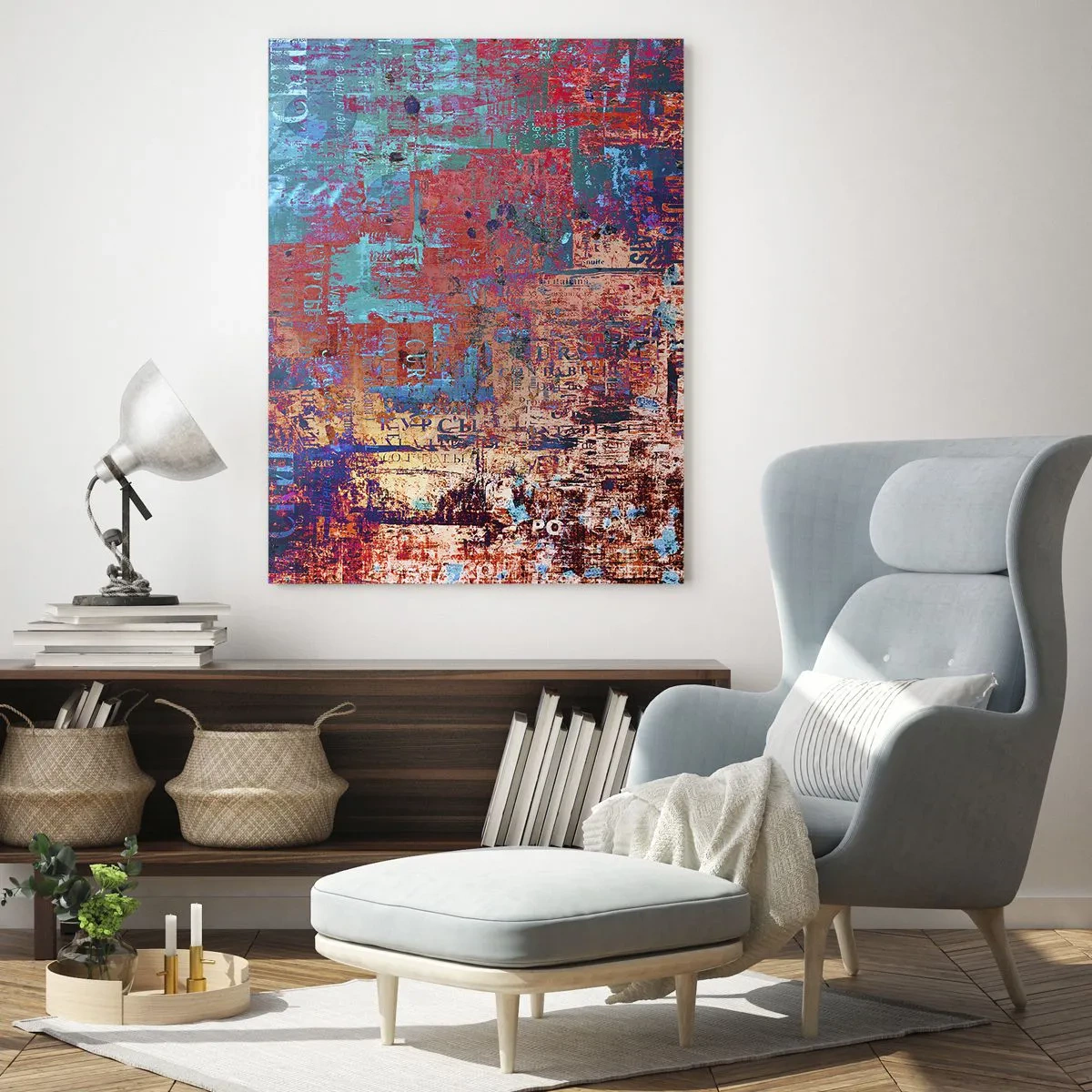 Cuadro sobre vidrio - Impresiones sobre Vidrio - Composición abstracta en tonos azules y rojos. - 50x70cm - Memoria y olvido - Decoración de pared moderna para salón y dormitorio ARTTOR
