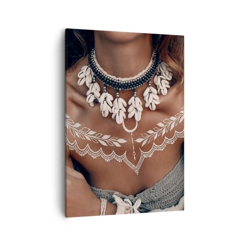 Cuadro sobre lienzo - Impresión de Imagen - Estilo boho con joyas de conchas y patrón de encaje. - 50x70cm - Talismanes, rituales de feminidad - Decoración de pared moderna para salón y dormitorio ARTTOR
