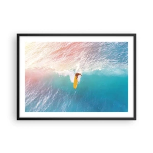 Póster en marco negro - Surfista en una ola en colores pastel - 70x50cm - Jinete del océano - Decoración de pared moderna para salón y dormitorio ARTTOR